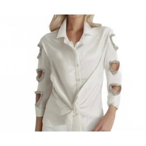 NEW SUZY T heart cut out button down blouse sparkle with crystals in white
